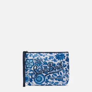 Pochette Aline in scuba con stampa maiolica fiorata blu